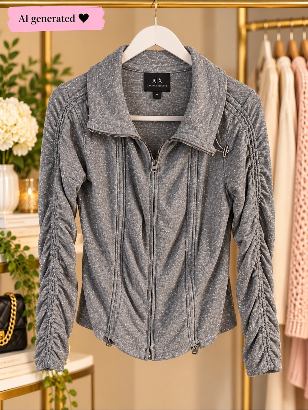 A|X Armani Exchange Grey Metallic Zip Moto Jacket Size M